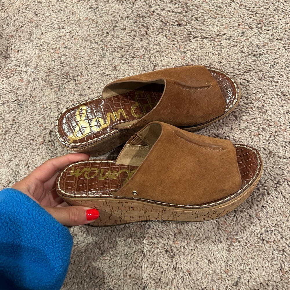 Sam Edelman Tan Suede Cork Wedge Slide Sandals